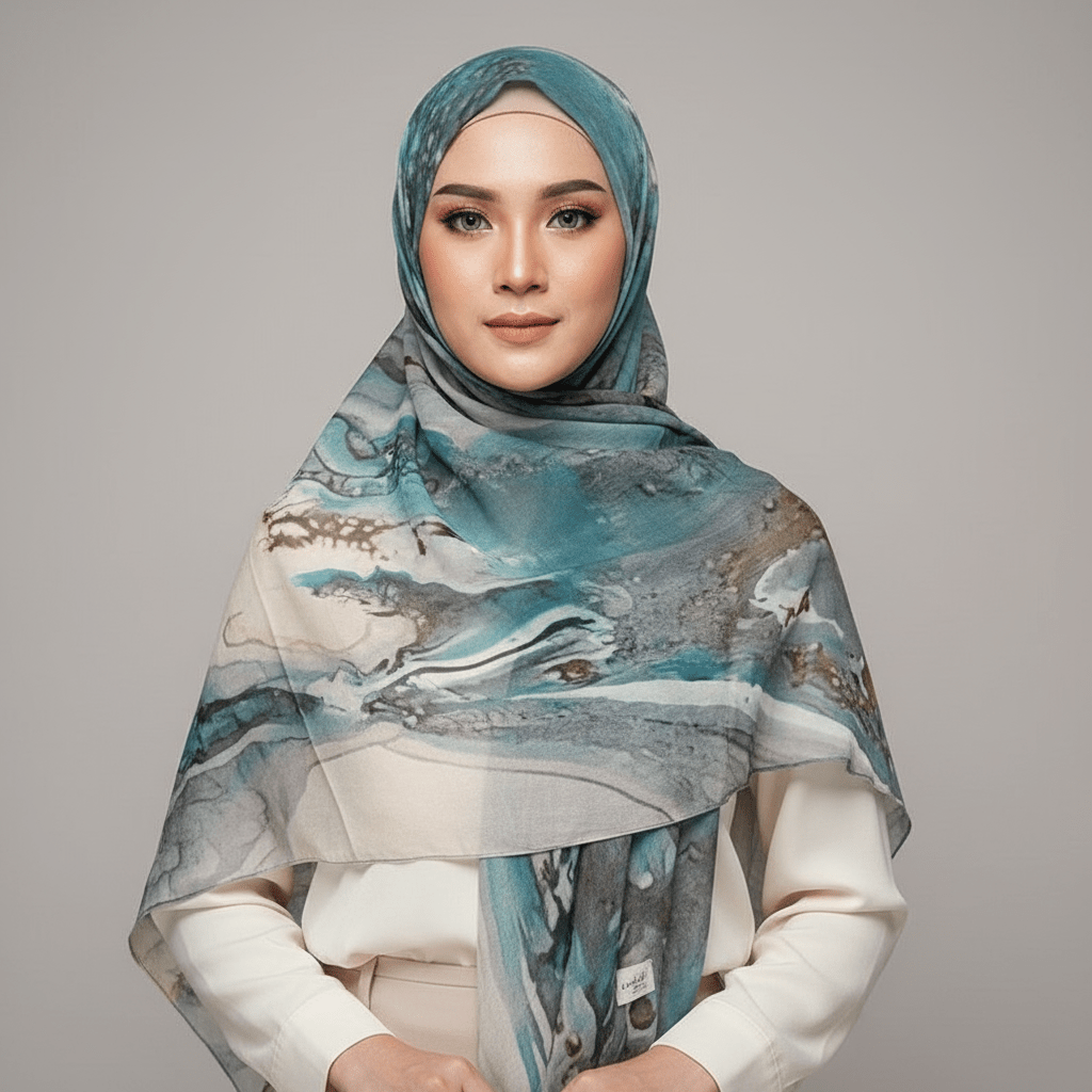 HJ01 Muslim Hijab Scarf - Soft Modal Ink Print Headscarf for Women | Breathable Lightweight Shawl - Raya