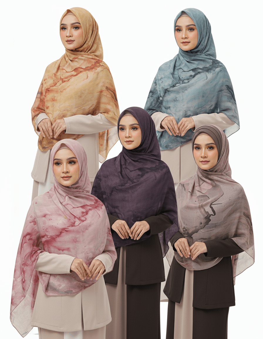 HJ01 Muslim Hijab Scarf - Soft Modal Ink Print Headscarf for Women | Breathable Lightweight Shawl - Raya