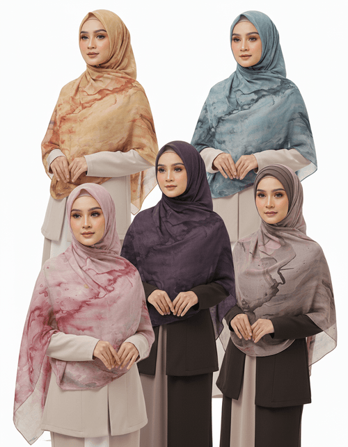 HJ01 Muslim Hijab Scarf - Soft Modal Ink Print Headscarf for Women | Breathable Lightweight Shawl - Raya