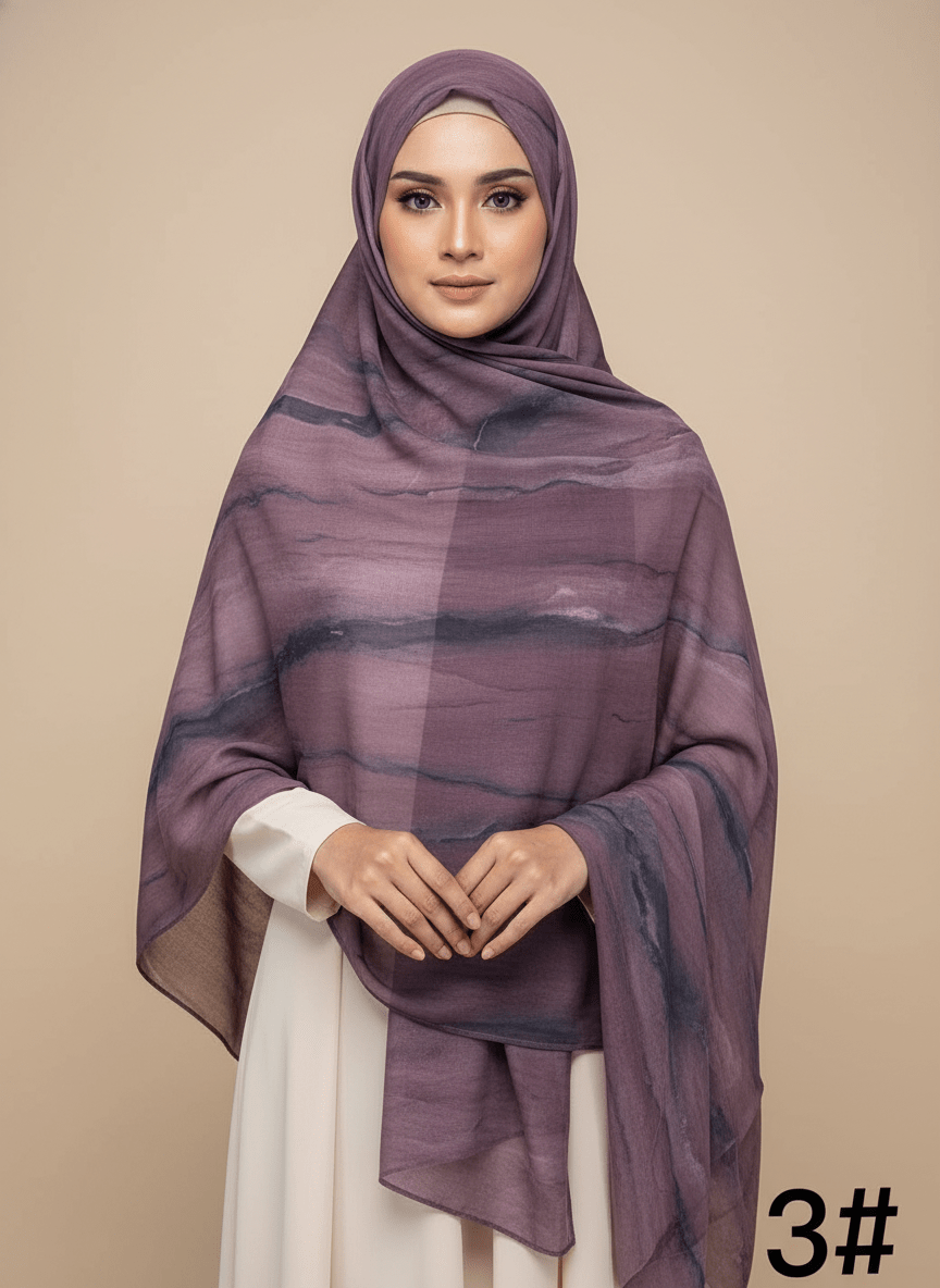 HJ01 Muslim Hijab Scarf - Soft Modal Ink Print Headscarf for Women | Breathable Lightweight Shawl - Raya