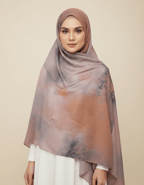 HJ01 Muslim Hijab Scarf - Soft Modal Ink Print Headscarf for Women | Breathable Lightweight Shawl - Raya