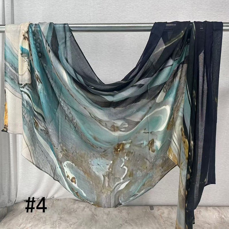 HJ01 Muslim Hijab Scarf - Soft Modal Ink Print Headscarf for Women | Breathable Lightweight Shawl - Raya