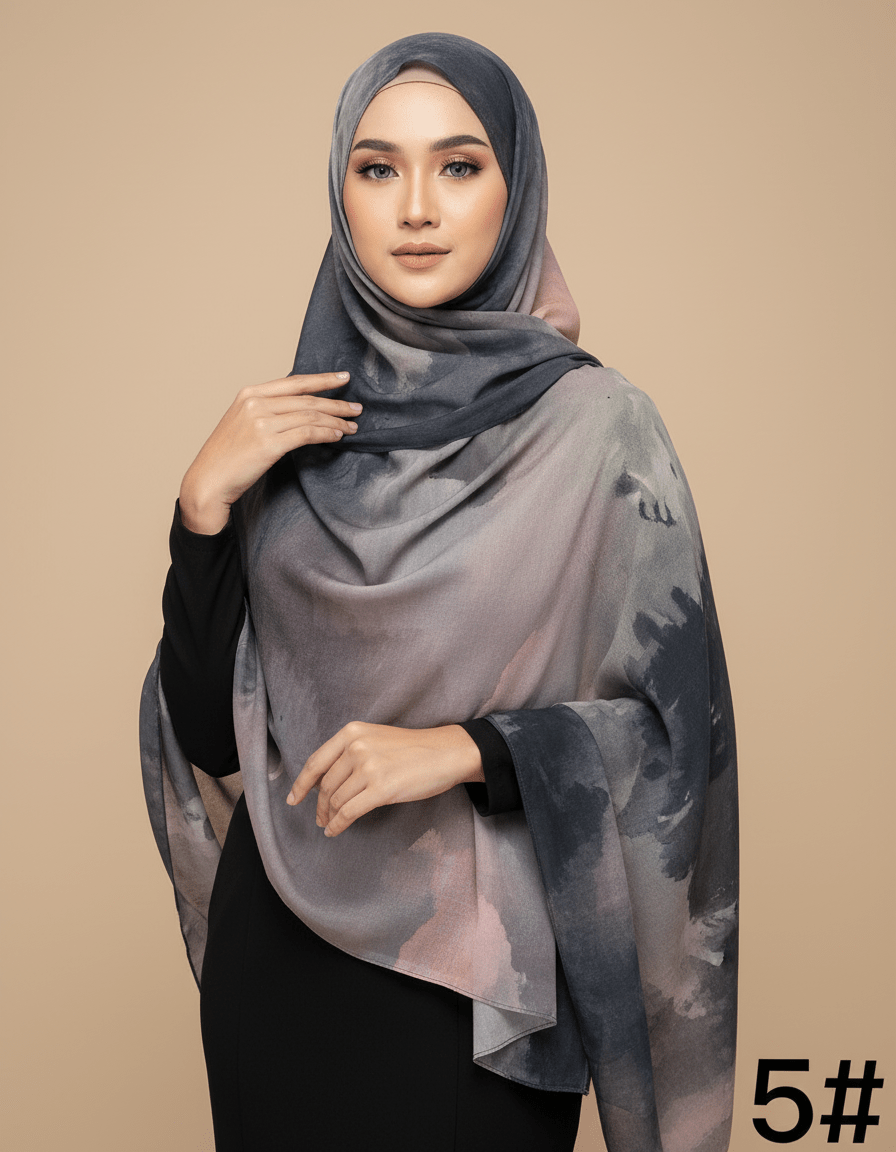 HJ01 Muslim Hijab Scarf - Soft Modal Ink Print Headscarf for Women | Breathable Lightweight Shawl - Raya