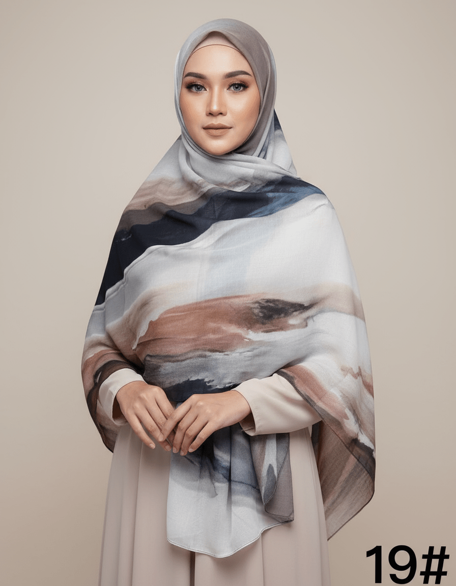 HJ04 Premium Modal Hijab Scarf - Elegant Ink Print Shawl Women - Raya