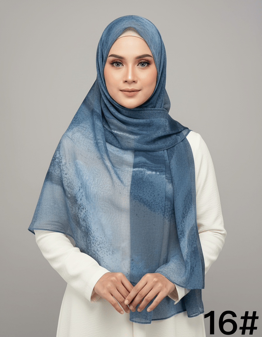 HJ04 Premium Modal Hijab Scarf - Elegant Ink Print Shawl Women - Raya