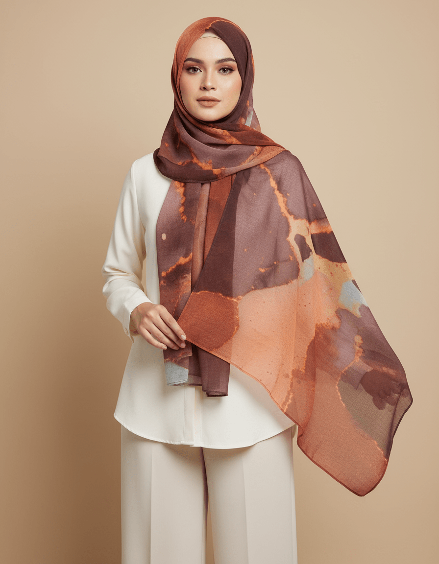 HJ04 Premium Modal Hijab Scarf - Elegant Ink Print Shawl Women - Raya