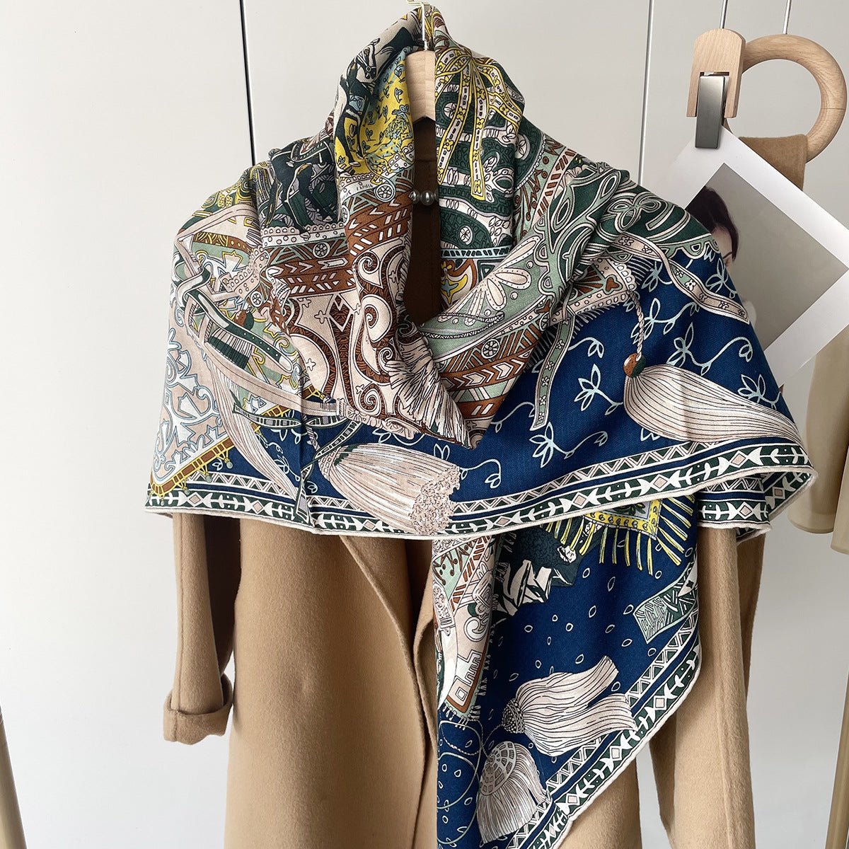 HJ11 Silk Cashmere Scarf - Warm Wool Square Shawl Tropical Print - Raya