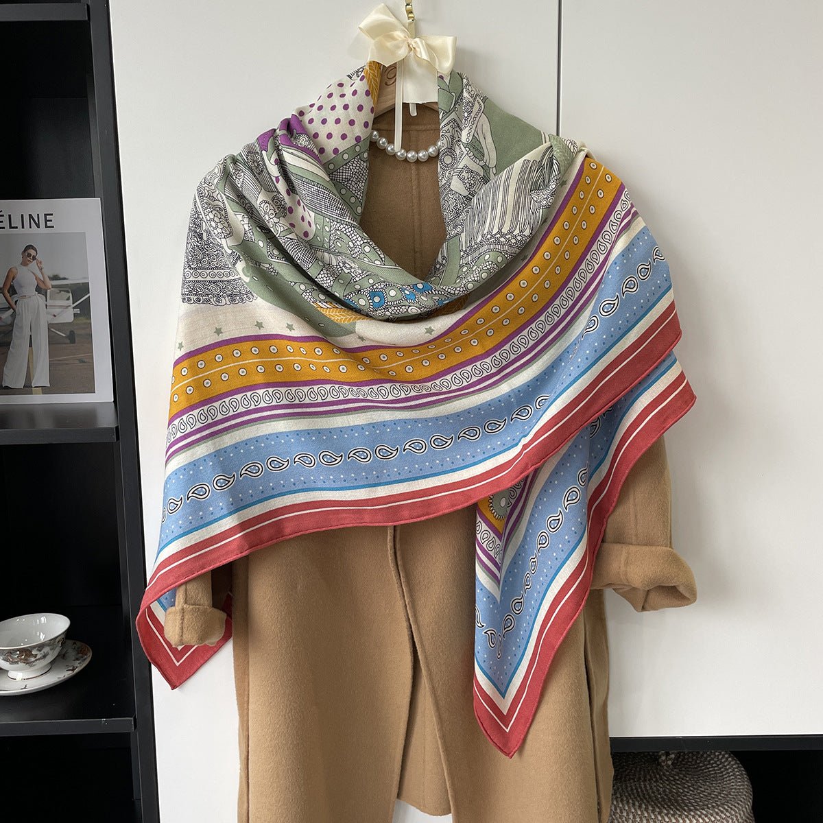HJ11 Silk Cashmere Scarf - Warm Wool Square Shawl Tropical Print - Raya