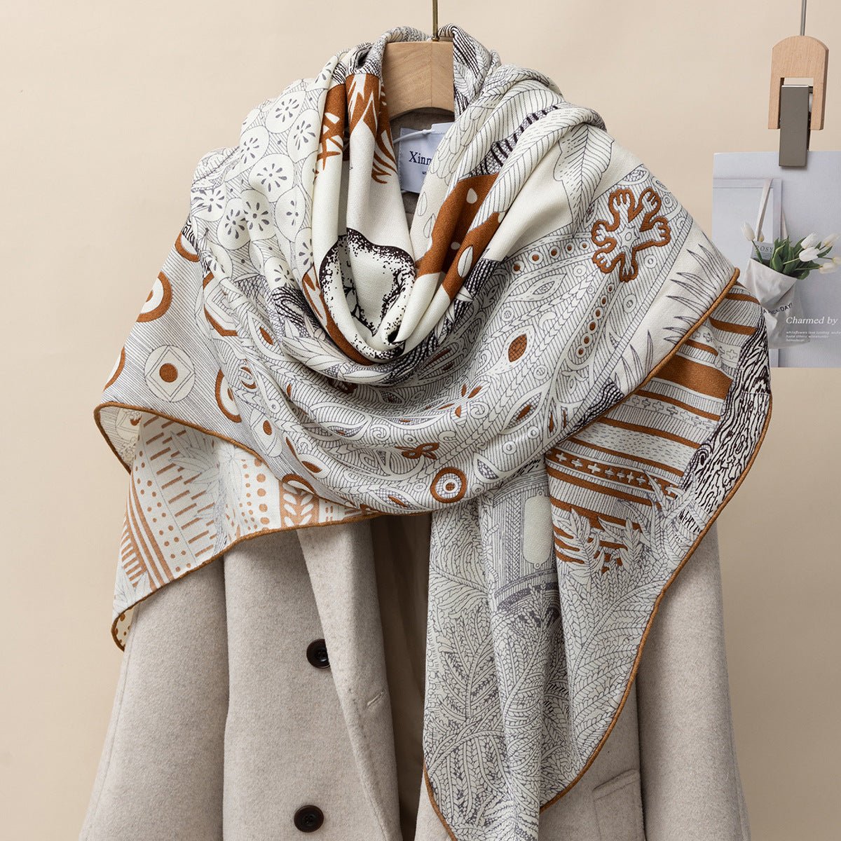 HJ11 Silk Cashmere Scarf - Warm Wool Square Shawl Tropical Print - Raya