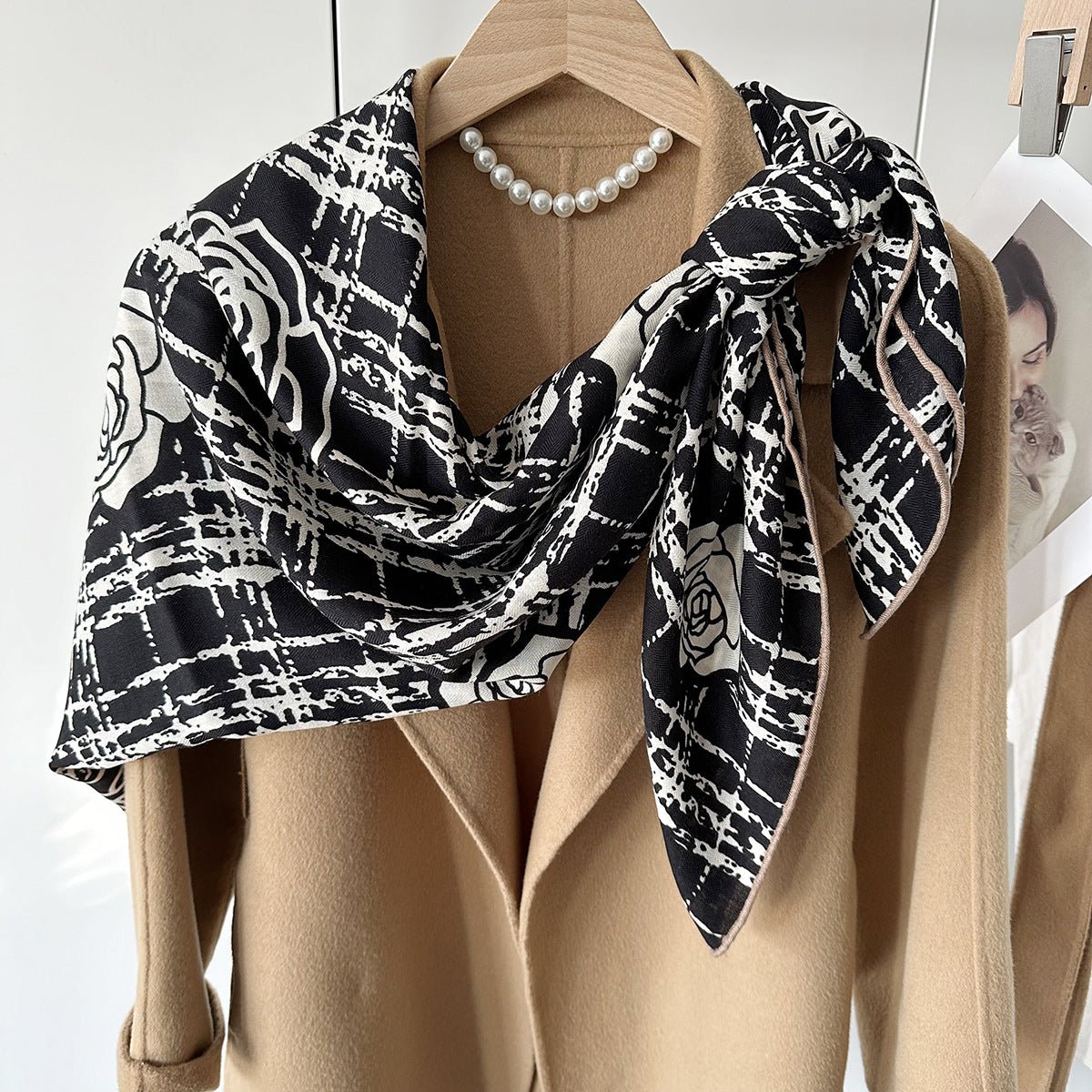 HJ11 Silk Cashmere Scarf - Warm Wool Square Shawl Tropical Print - Raya