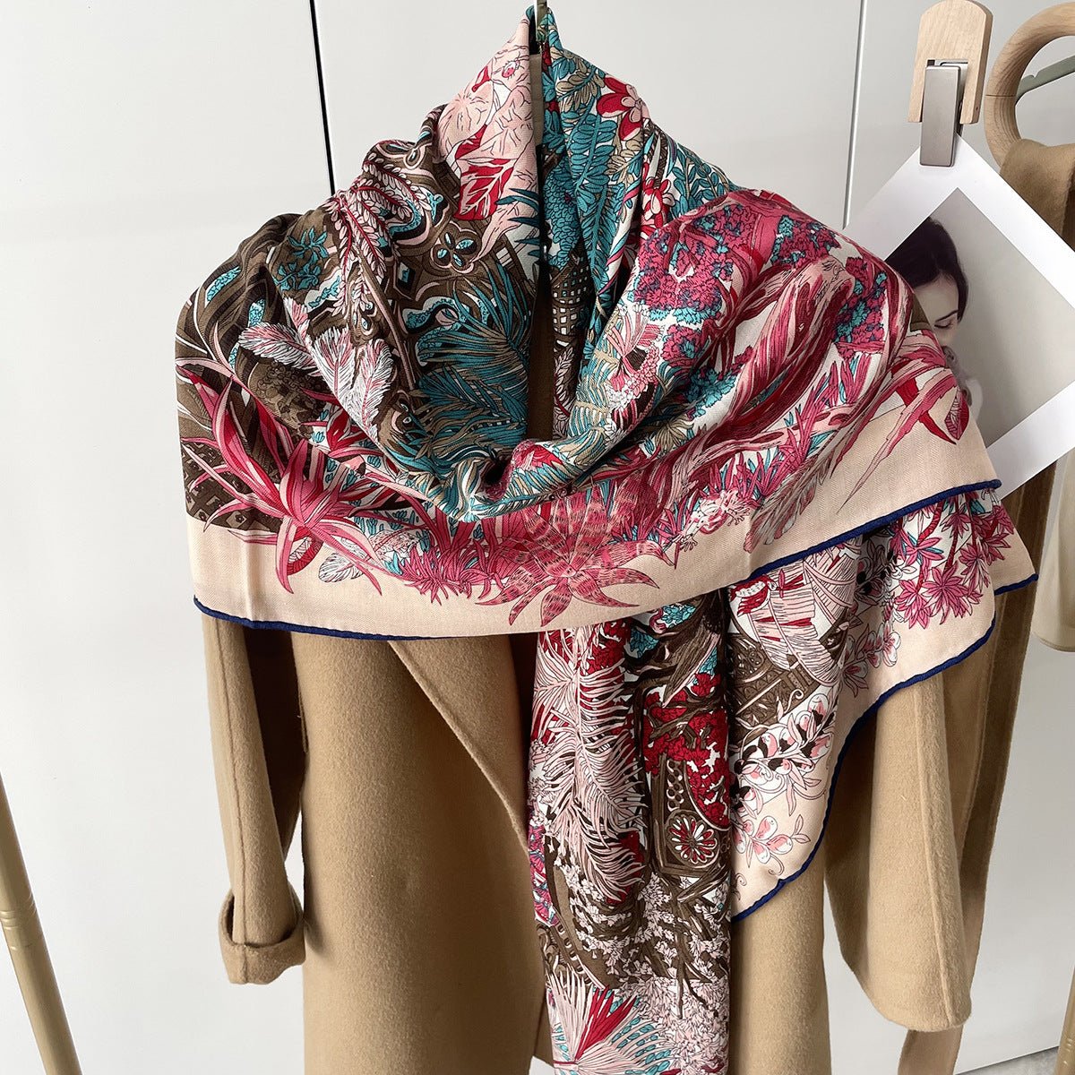 HJ11 Silk Cashmere Scarf - Warm Wool Square Shawl Tropical Print - Raya