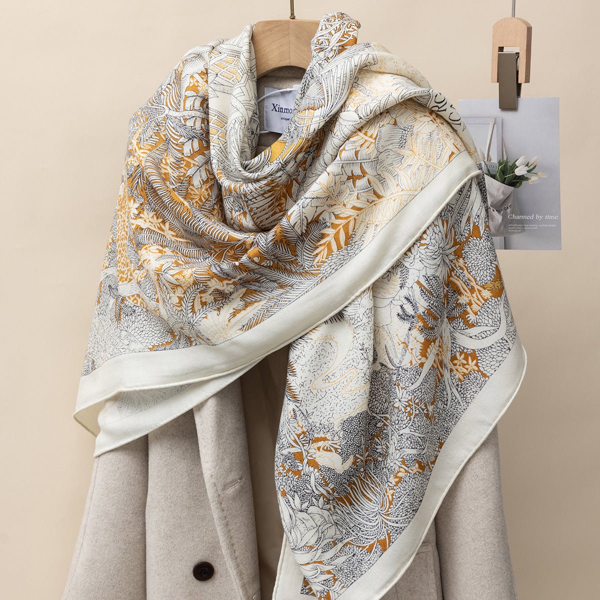 HJ11 Silk Cashmere Scarf - Warm Wool Square Shawl Tropical Print - Raya