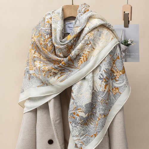 HJ11 Silk Cashmere Scarf - Warm Wool Square Shawl Tropical Print - Raya