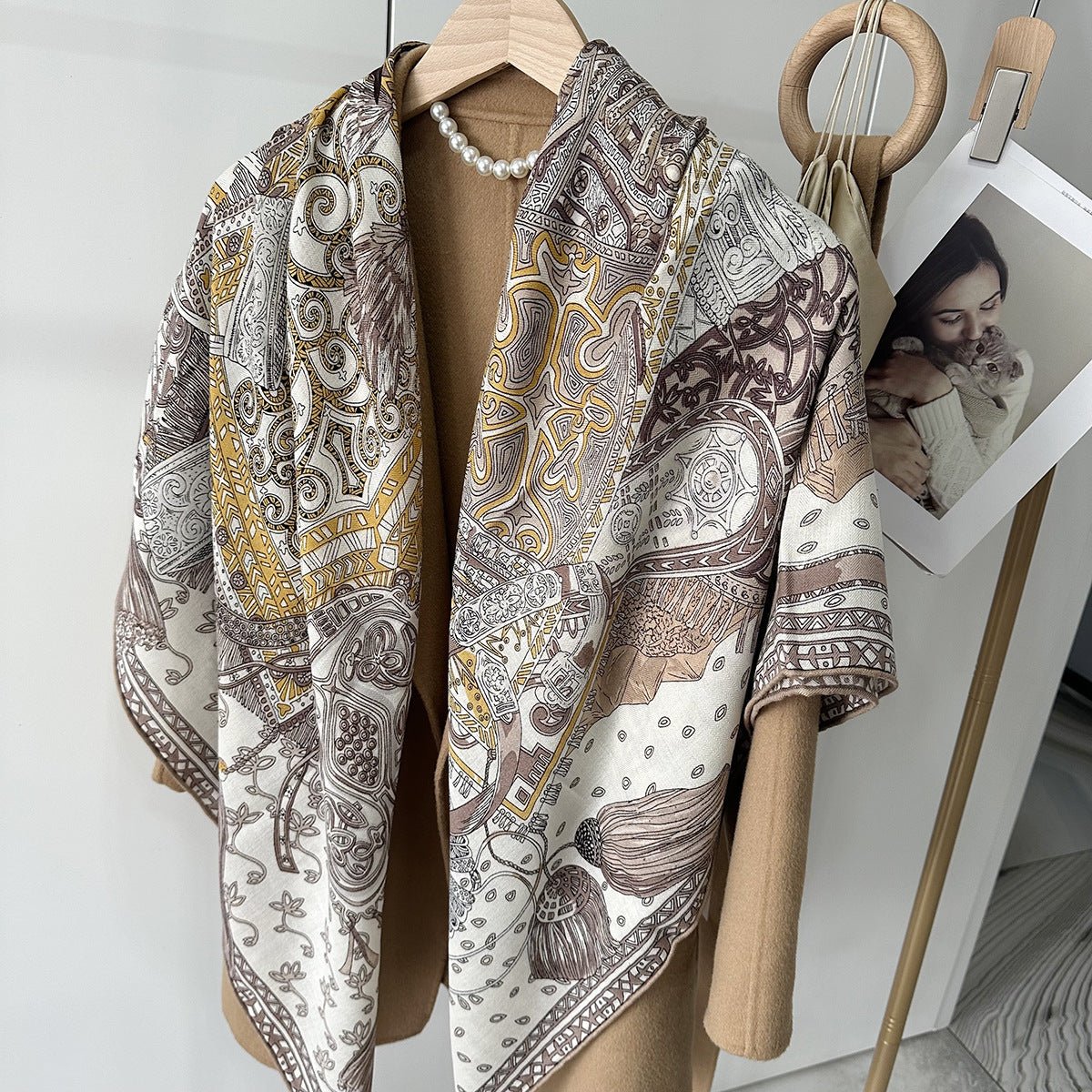 HJ11 Silk Cashmere Scarf - Warm Wool Square Shawl Tropical Print - Raya