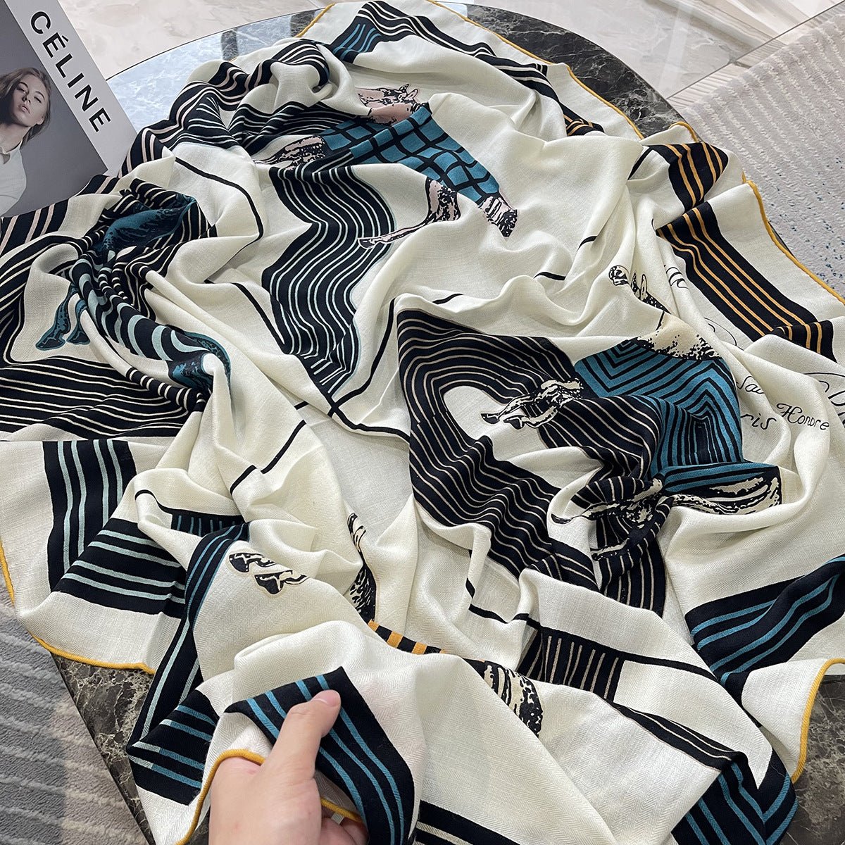 HJ11 Silk Cashmere Scarf - Warm Wool Square Shawl Tropical Print - Raya