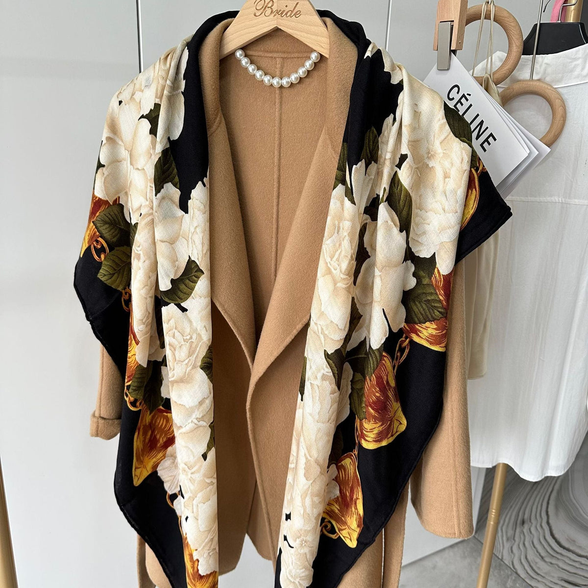 HJ11 Silk Cashmere Scarf - Warm Wool Square Shawl Tropical Print - Raya