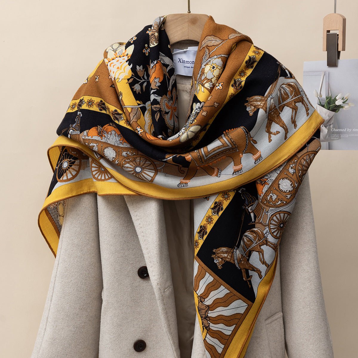 HJ11 Silk Cashmere Scarf - Warm Wool Square Shawl Tropical Print - Raya