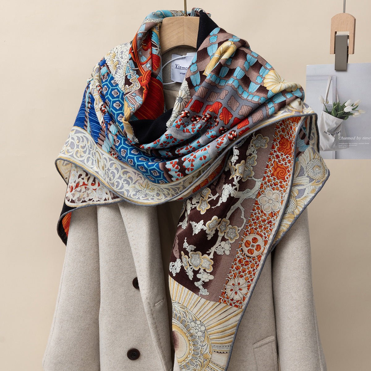 HJ11 Silk Cashmere Scarf - Warm Wool Square Shawl Tropical Print - Raya