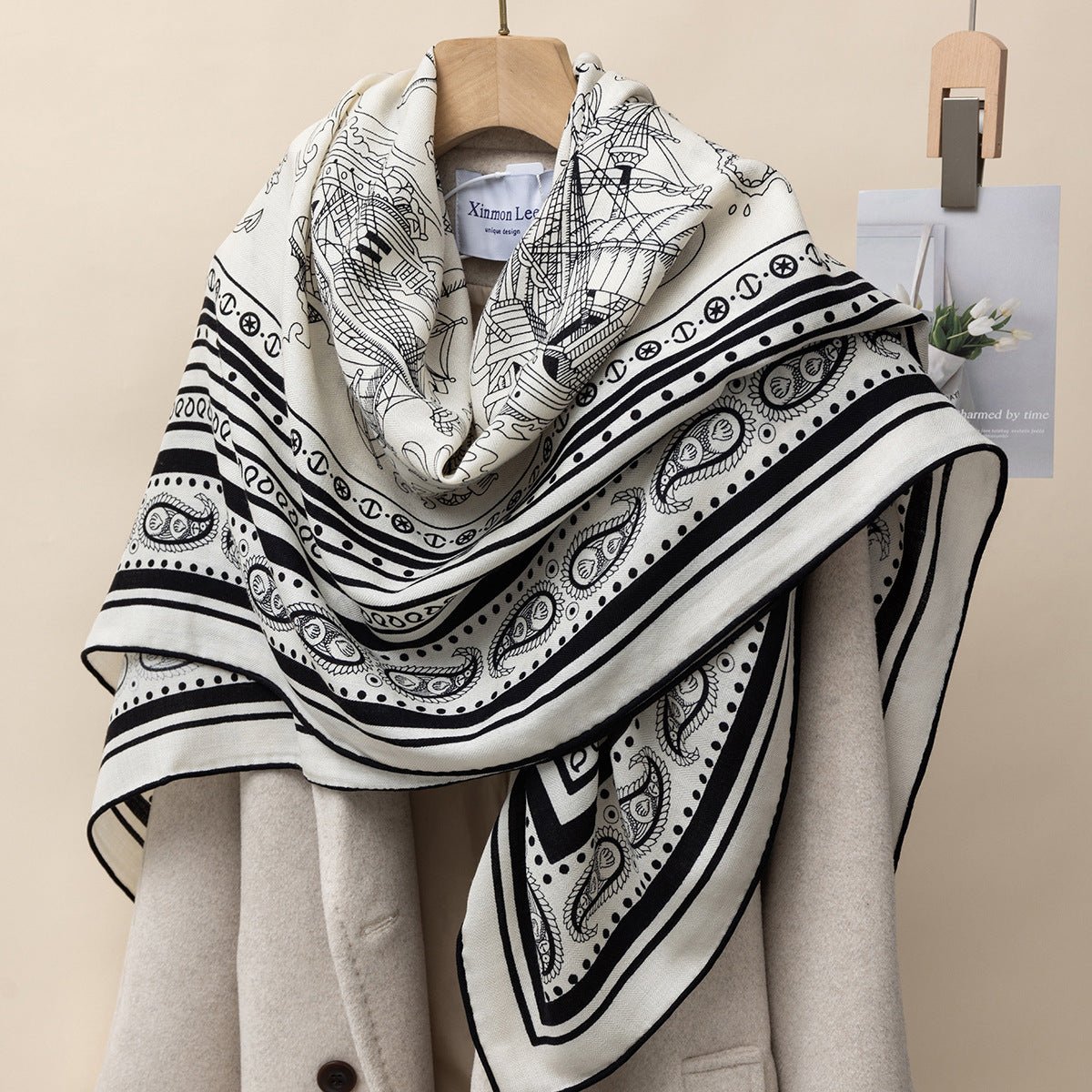 HJ11 Silk Cashmere Scarf - Warm Wool Square Shawl Tropical Print - Raya