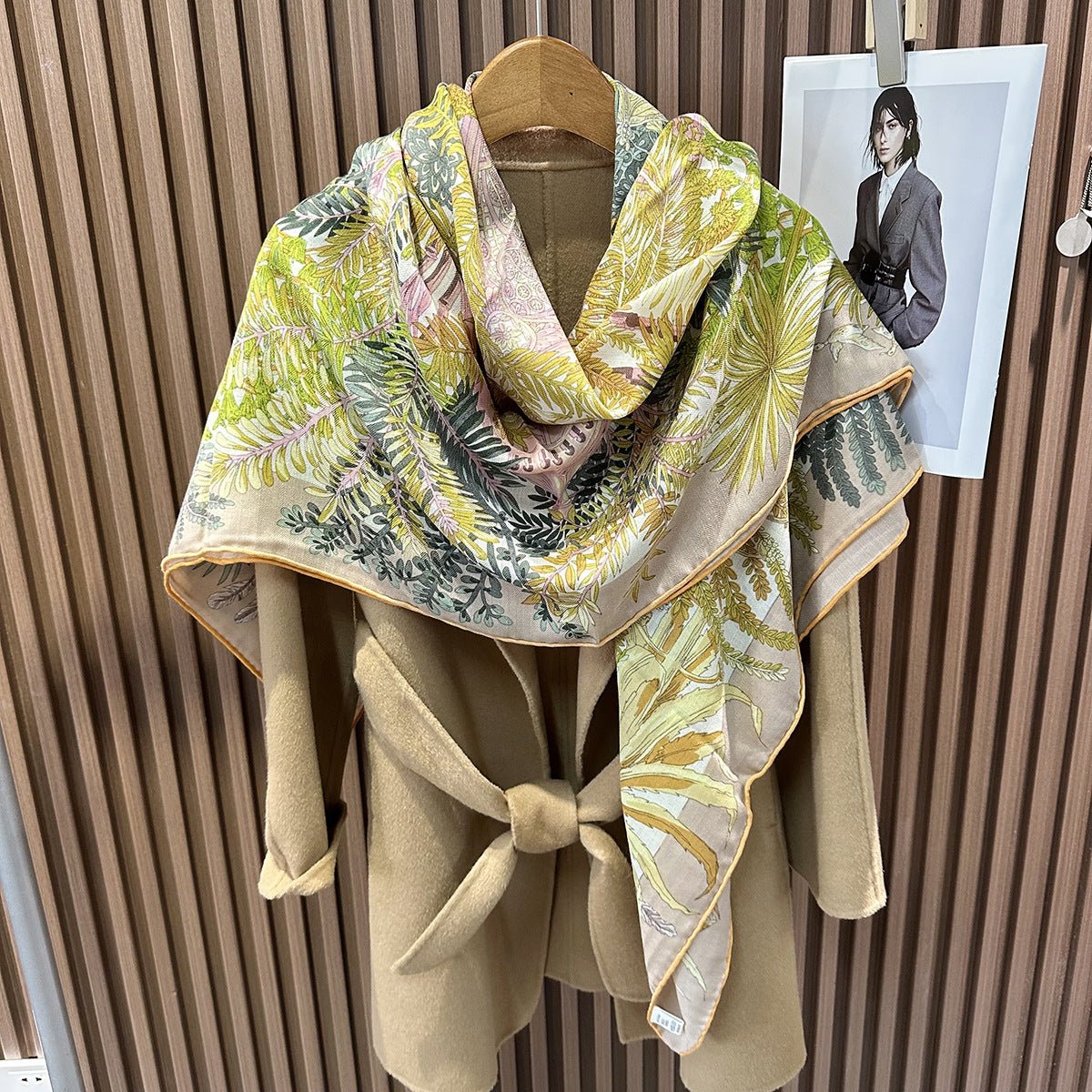 HJ11 Silk Cashmere Scarf - Warm Wool Square Shawl Tropical Print - Raya