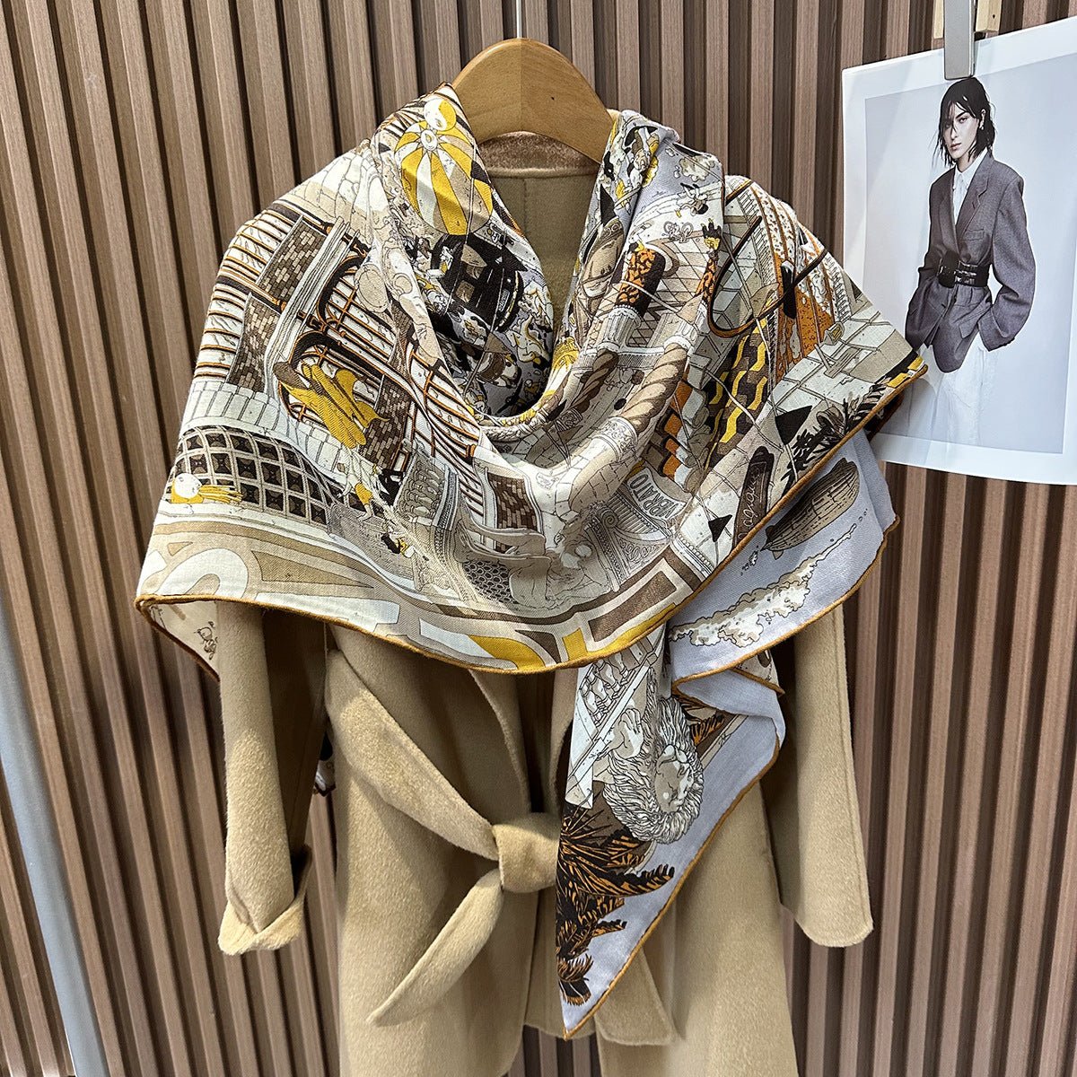 HJ11 Silk Cashmere Scarf - Warm Wool Square Shawl Tropical Print - Raya