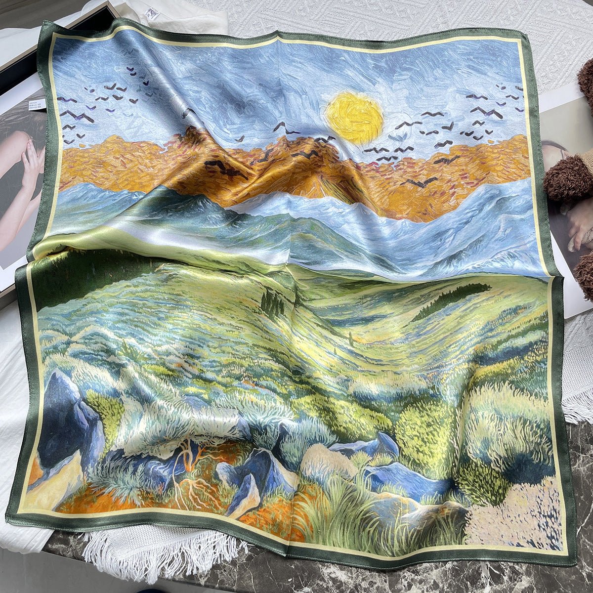 HJ12 Silk Scarf Women Spring - Striped Mulberry Square UV Protection 2 - Raya