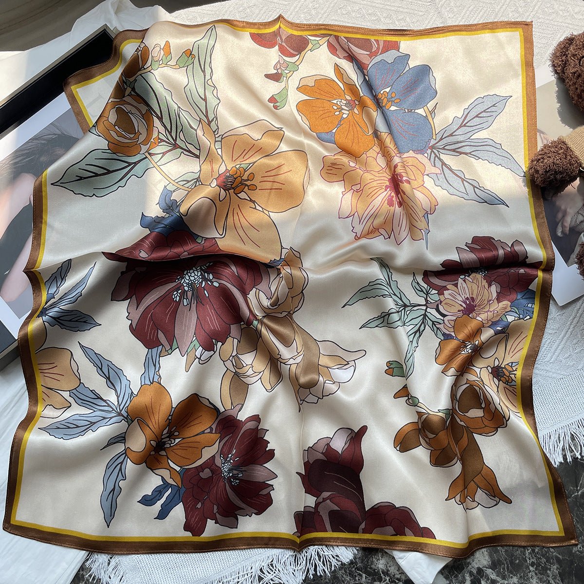 HJ12 Silk Scarf Women Spring - Striped Mulberry Square UV Protection 3 - Raya
