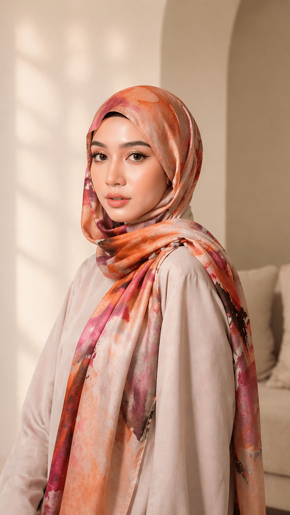 RY01 Watercolor Print Satin Hijab Shawl – Ethnic Style Women's Head Scarf (80×180cm) - Raya