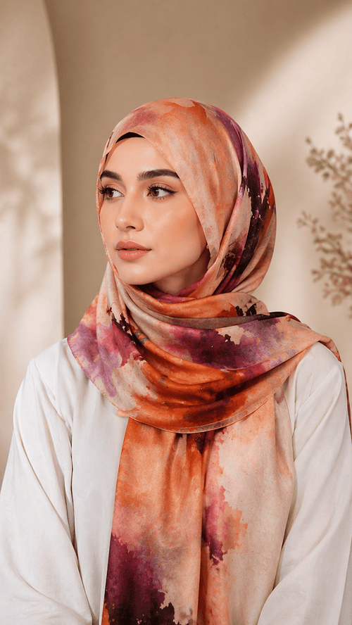 RY01 Watercolor Print Satin Hijab Shawl – Ethnic Style Women's Head Scarf (80×180cm) - Raya