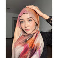 RY01 Watercolor Print Satin Hijab Shawl – Ethnic Style Women's Head Scarf (80×180cm) - Raya