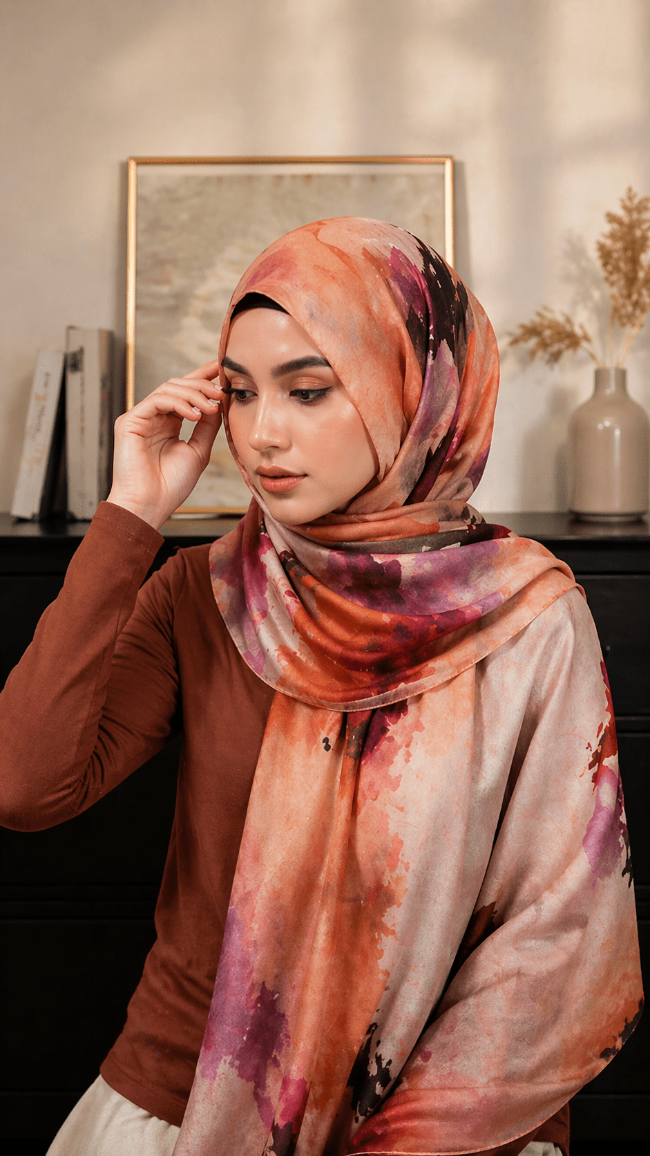 RY01 Watercolor Print Satin Hijab Shawl – Ethnic Style Women's Head Scarf (80×180cm) - Raya