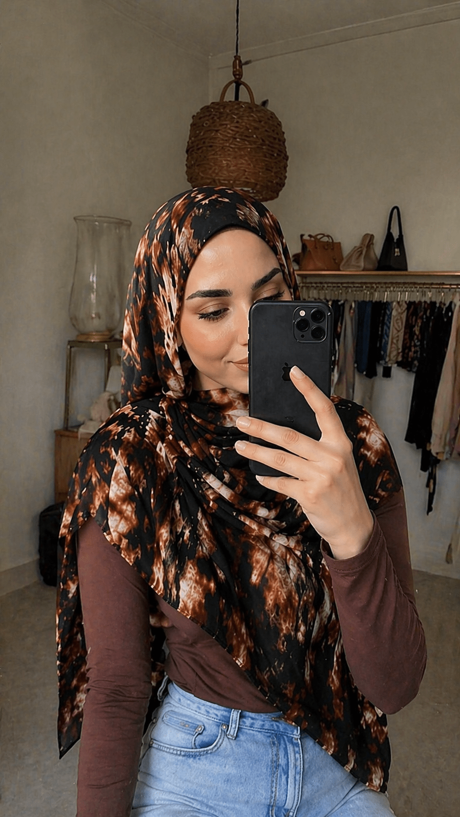 RY04 Watercolor Tie-Dye Hijab Shawl – Black & Brown Ombre Women's Head Scarf (80×180cm) - Raya