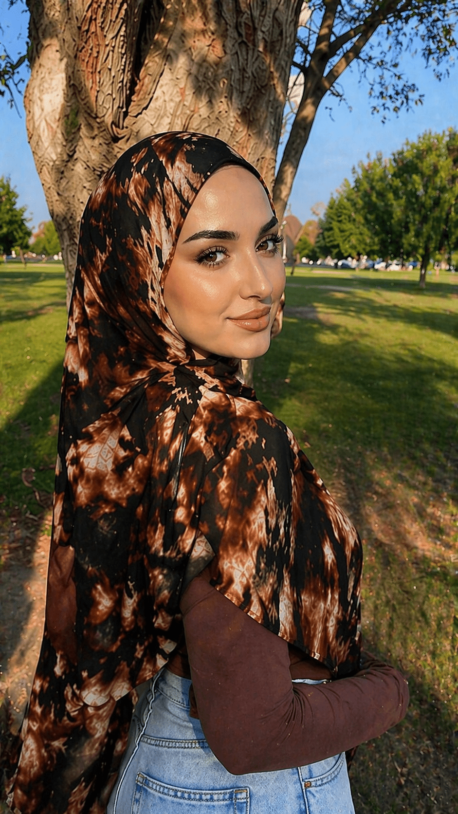 RY04 Watercolor Tie-Dye Hijab Shawl – Black & Brown Ombre Women's Head Scarf (80×180cm) - Raya