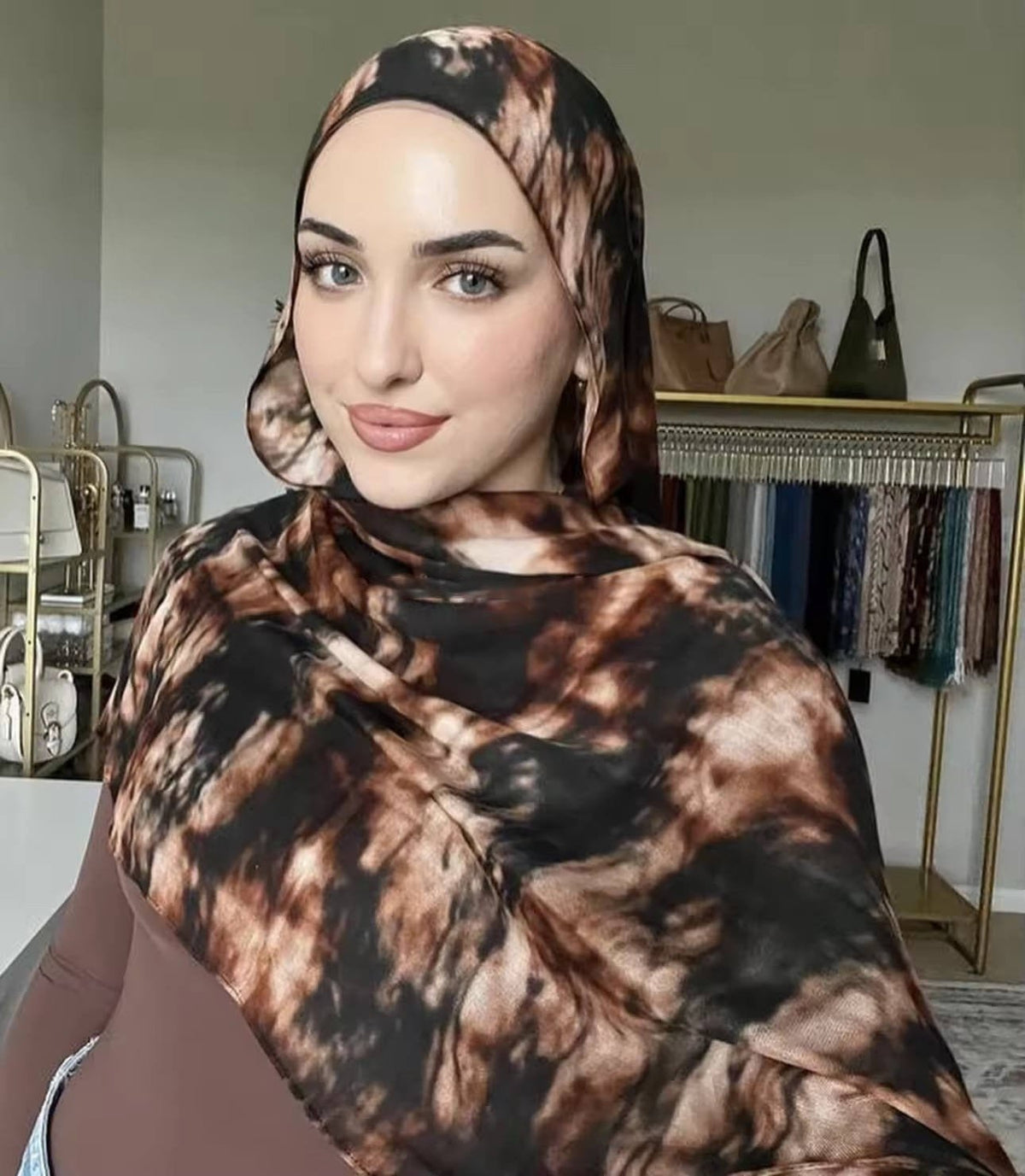 RY04 Watercolor Tie-Dye Hijab Shawl – Black & Brown Ombre Women's Head Scarf (80×180cm) - Raya