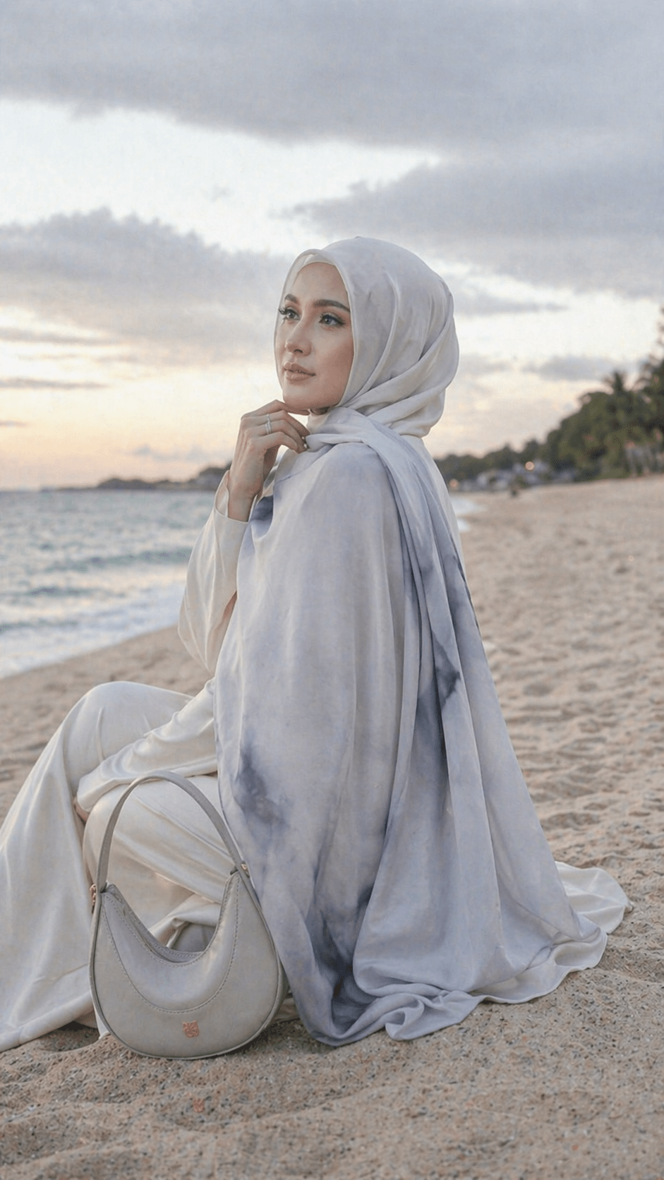 RY05 Watercolor Ink Wash Hijab Shawl – Misty Grey Blue Women's Head Scarf (80×180cm) - Raya