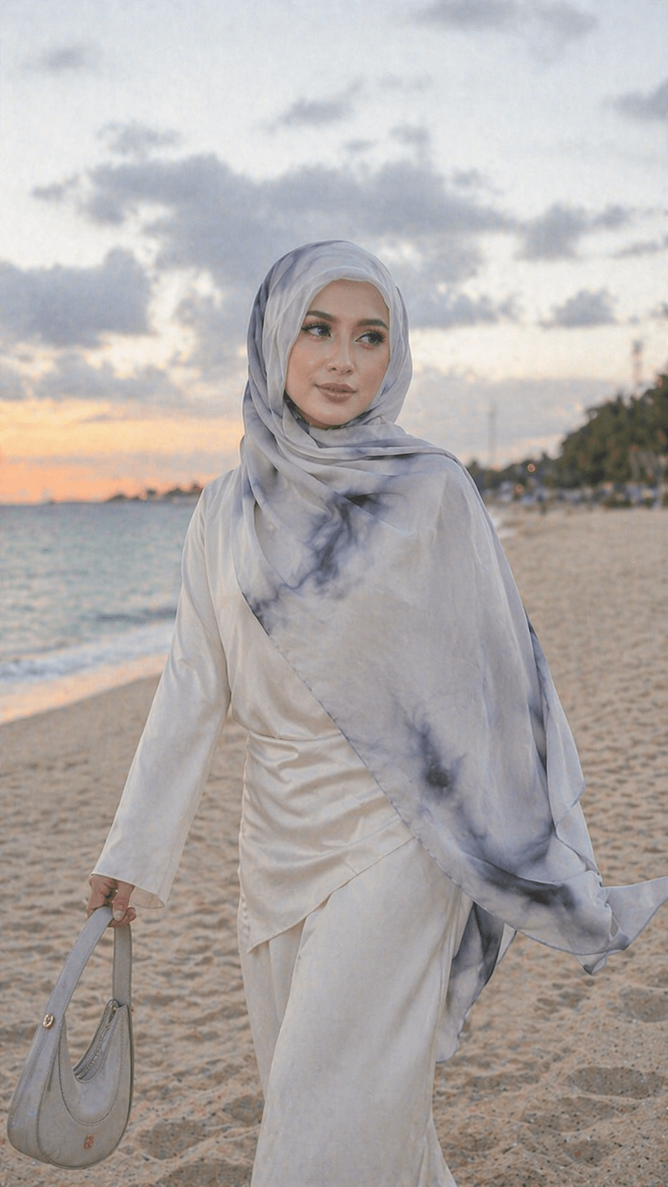 RY05 Watercolor Ink Wash Hijab Shawl – Misty Grey Blue Women's Head Scarf (80×180cm) - Raya