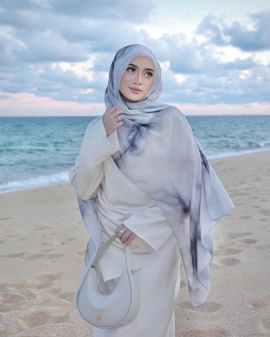 RY05 Watercolor Ink Wash Hijab Shawl – Misty Grey Blue Women's Head Scarf (80×180cm) - Raya