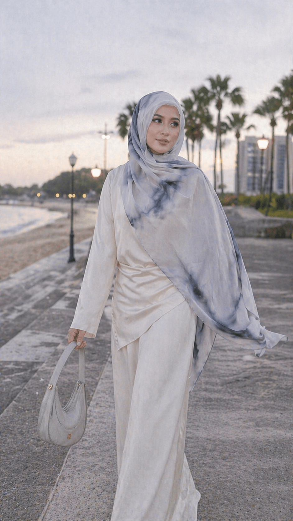 RY05 Watercolor Ink Wash Hijab Shawl – Misty Grey Blue Women's Head Scarf (80×180cm) - Raya