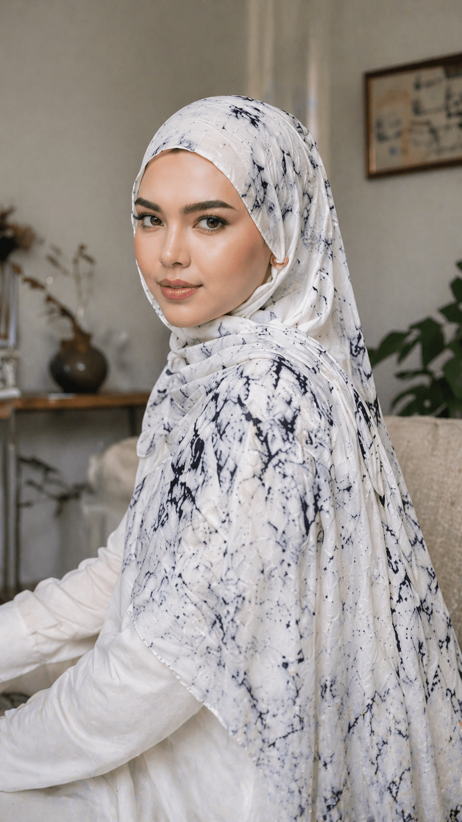 RY07 Marble Print Hijab Shawl – White & Black Watercolor Women's Head Scarf (80×180cm) - Raya