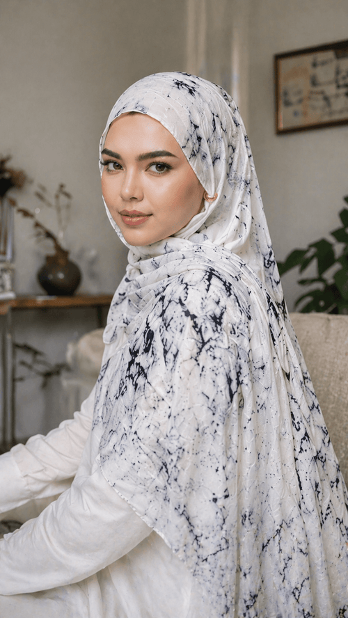 RY07 Marble Print Hijab Shawl – White & Black Watercolor Women's Head Scarf (80×180cm) - Raya