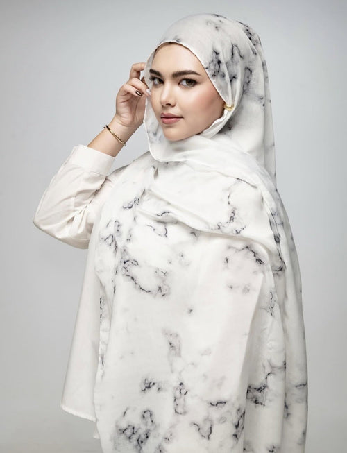 RY07 Marble Print Hijab Shawl – White & Black Watercolor Women's Head Scarf (80×180cm) - Raya