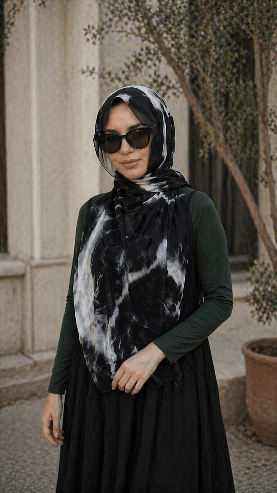 RY08 Black Marble Ink Wash Hijab Shawl – Bold Watercolor Women's Head Scarf (80×180cm) - Raya