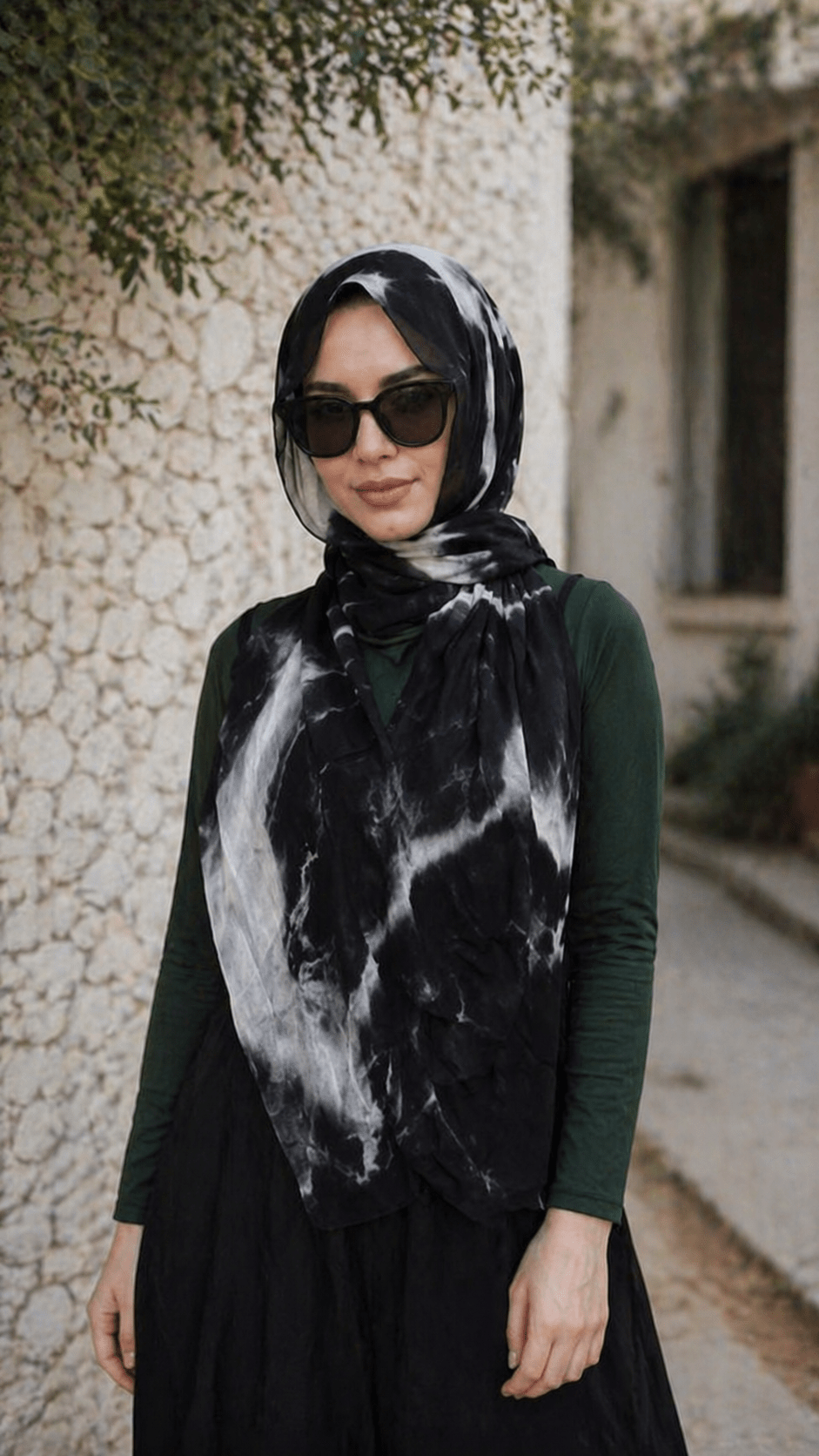 RY08 Black Marble Ink Wash Hijab Shawl – Bold Watercolor Women's Head Scarf (80×180cm) - Raya