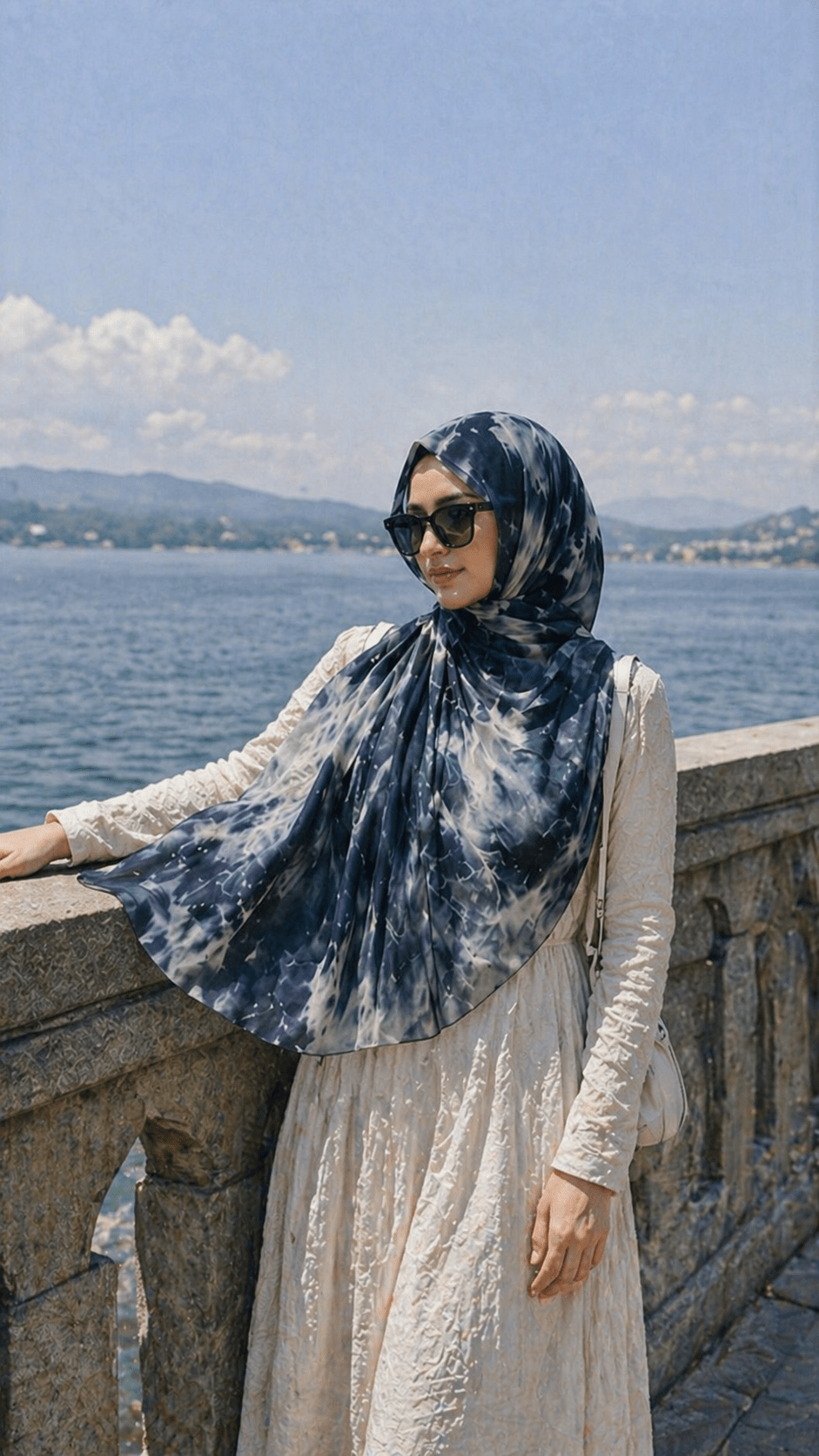 RY09 Deep Blue Marble Ink Wash Hijab Shawl – Watercolor Women's Head Scarf (80×180cm) - Raya