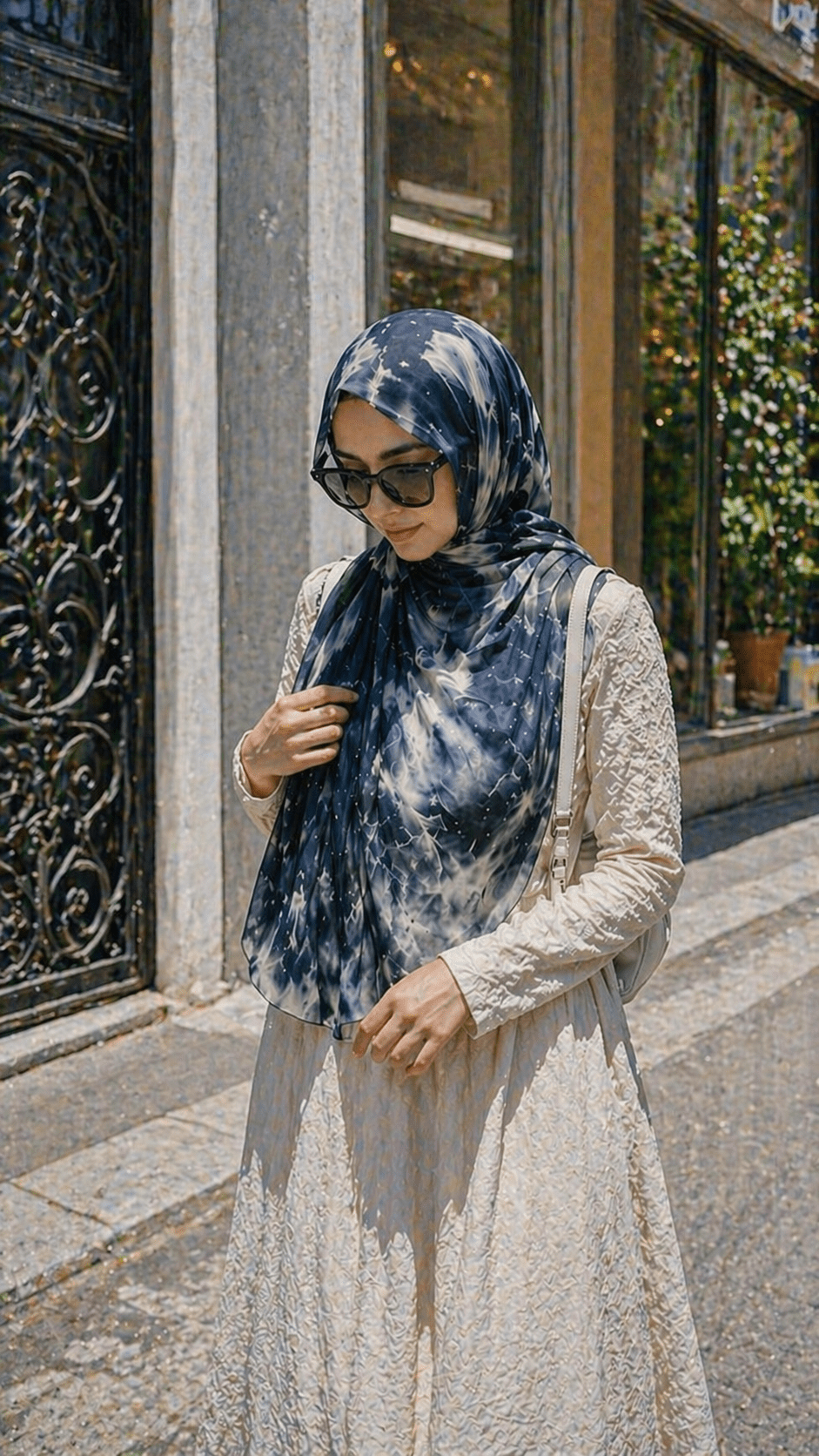 RY09 Deep Blue Marble Ink Wash Hijab Shawl – Watercolor Women's Head Scarf (80×180cm) - Raya