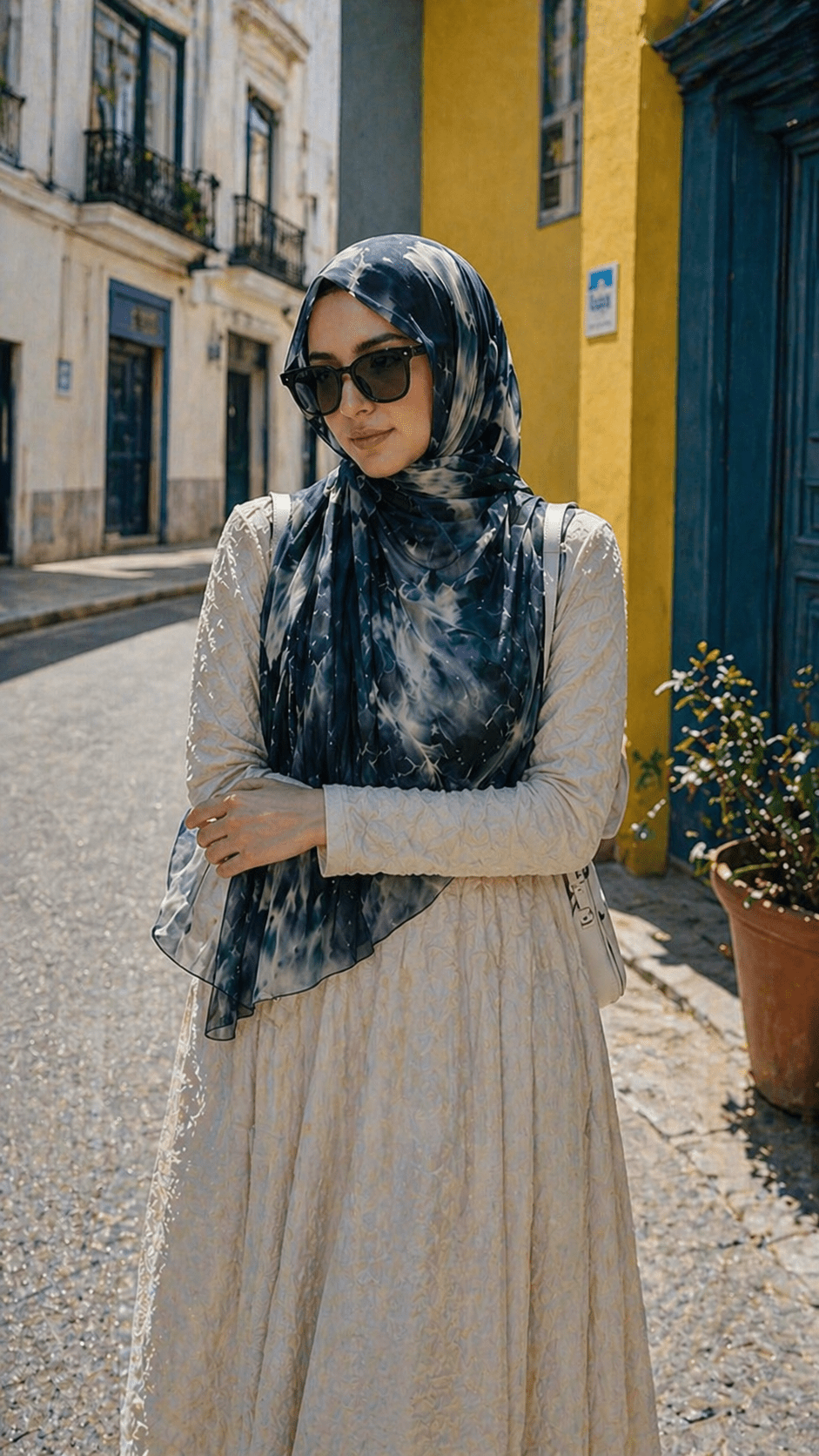 RY09 Deep Blue Marble Ink Wash Hijab Shawl – Watercolor Women's Head Scarf (80×180cm) - Raya