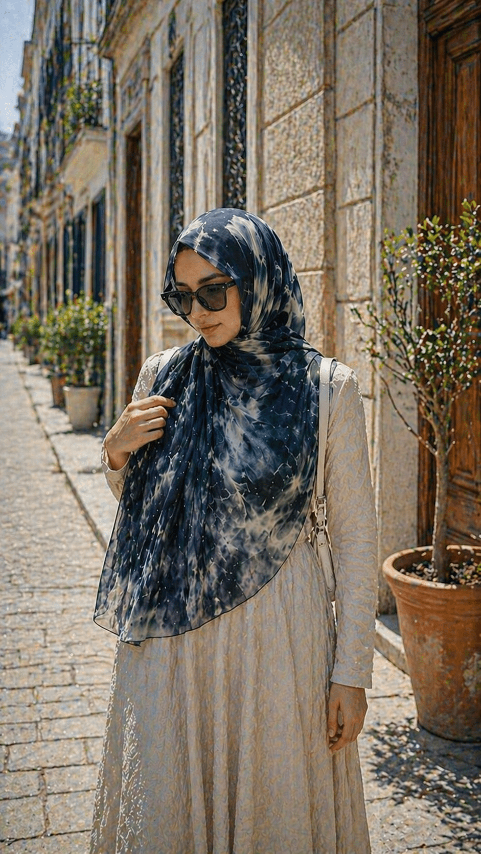 RY09 Deep Blue Marble Ink Wash Hijab Shawl – Watercolor Women's Head Scarf (80×180cm) - Raya