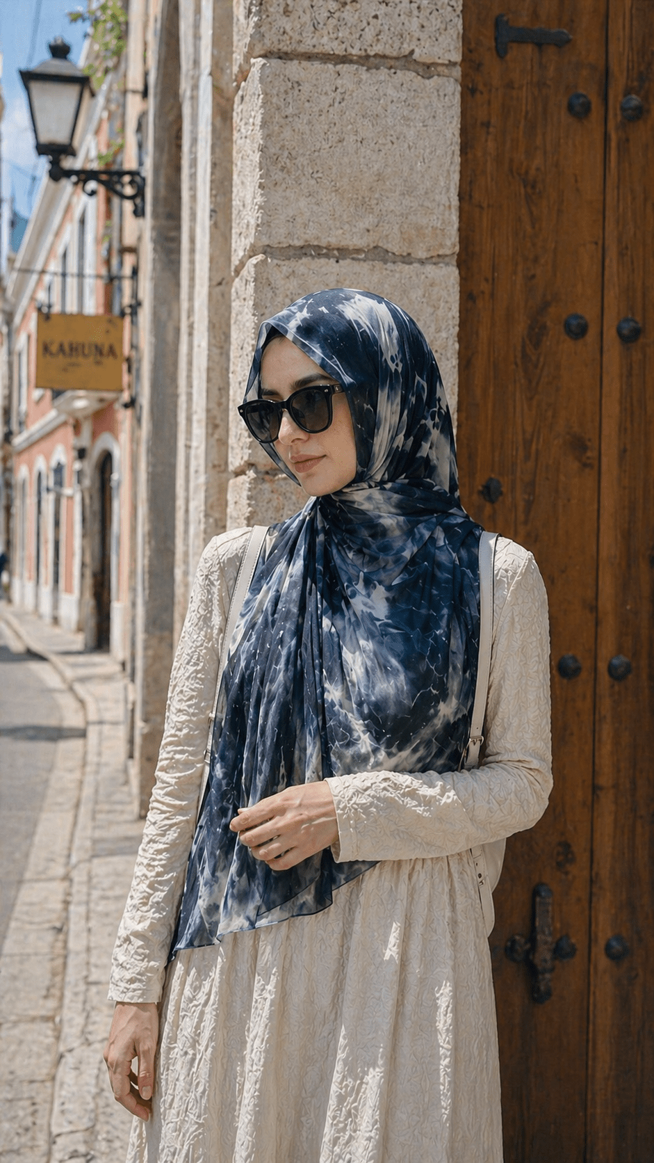RY09 Deep Blue Marble Ink Wash Hijab Shawl – Watercolor Women's Head Scarf (80×180cm) - Raya