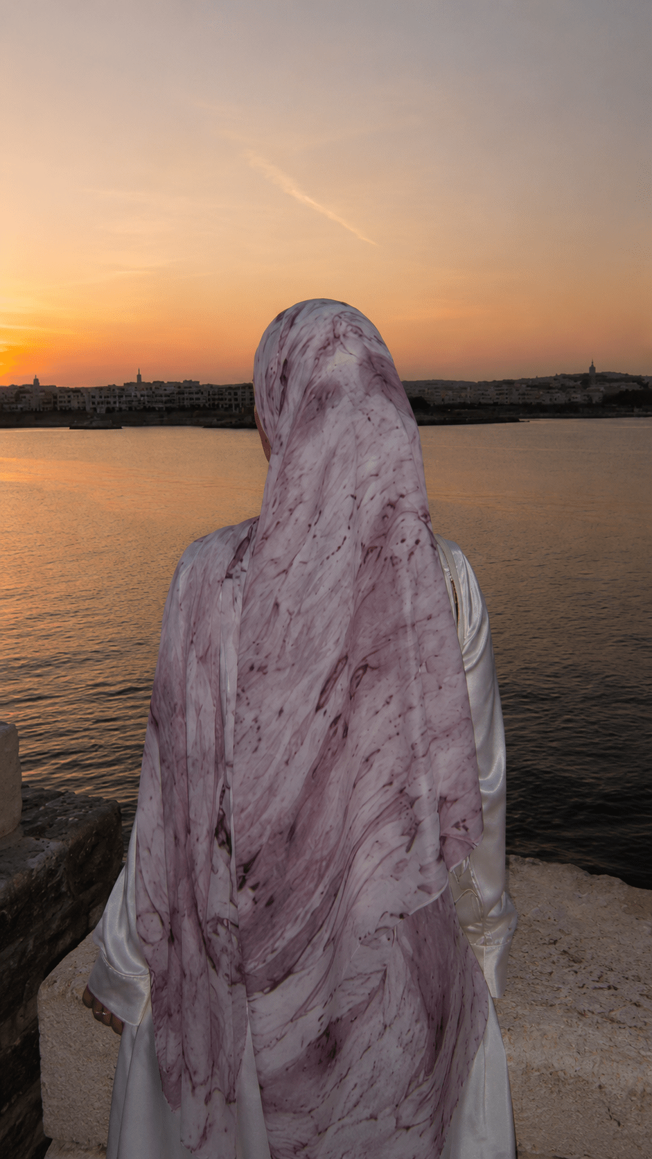 RY102 White Lavender Marble Ink Hijab Shawl – Floral Watercolor Women's Head Scarf (80×180cm) - Raya
