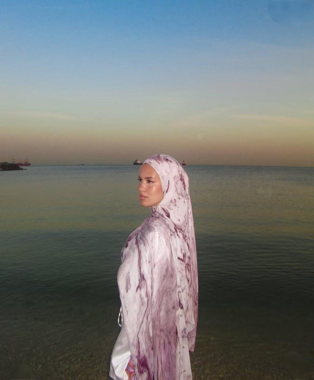 RY102 White Lavender Marble Ink Hijab Shawl – Floral Watercolor Women's Head Scarf (80×180cm) - Raya
